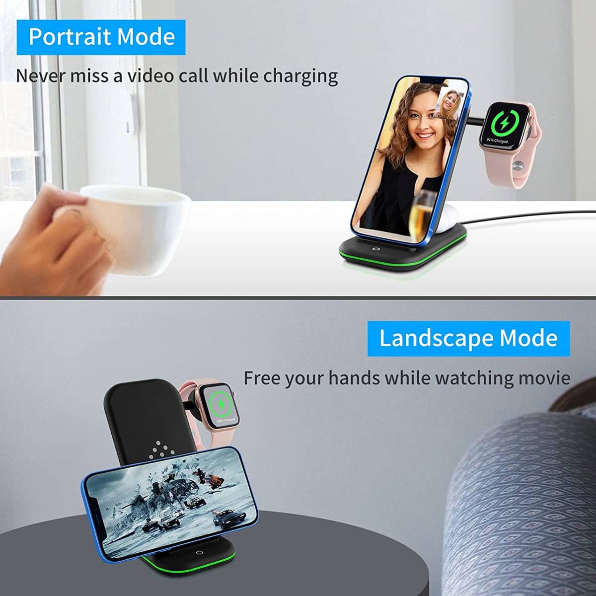 ワイヤレス充電器 3in1 Qi 置くだけ充電 Apple Watchスタンド Air pods Pro充電器 Max　Galaxy QIスマホ対応 18Wアダプター付属_画像7