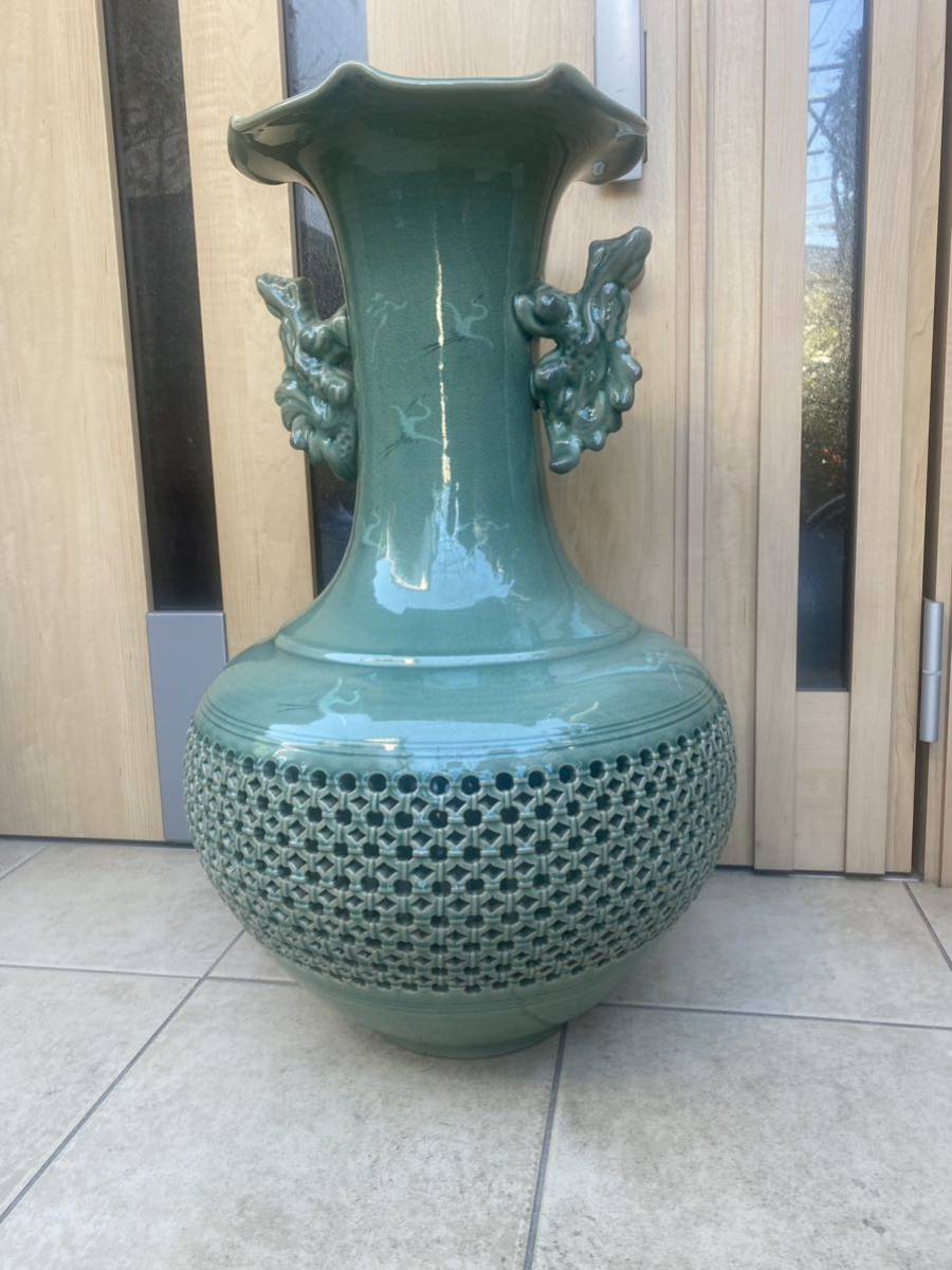 高麗 美術 青磁 花瓶 壺 花器 置物 高64cm