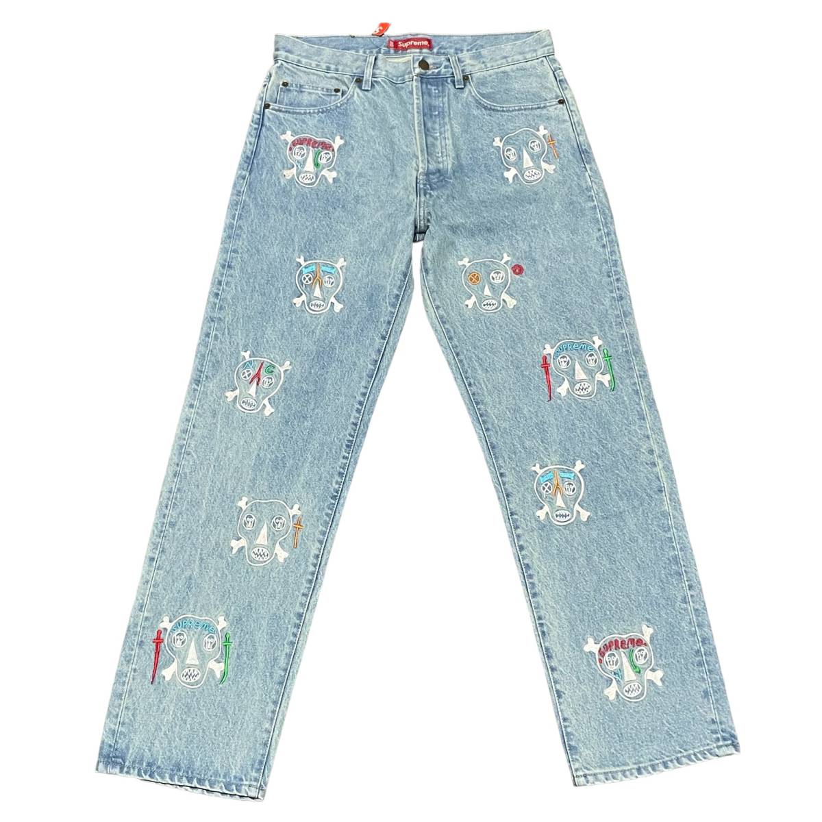 【新品】Supreme シュプリーム【Clayton Patterson Skulls Embroidered Regular Jean】スカル エンブロイダリー デニムパンツ ブルー_画像1