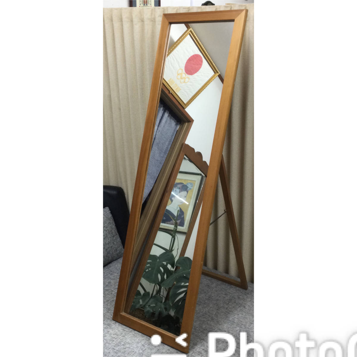全身鏡　鏡　スタンドミラー　シンプルミラー　立て掛け式　姿見　木製フレーム　高さ129cm 幅37.6 cm 奥行き3.5cm　インテリア_画像1