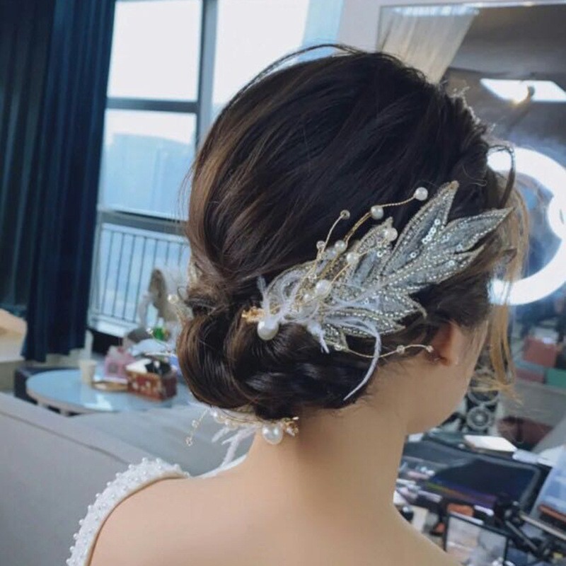  pearl hair ornament biju- hair accessory feather pin comb Katyusha hair arrange wedding party beads crystal u Eddie ng