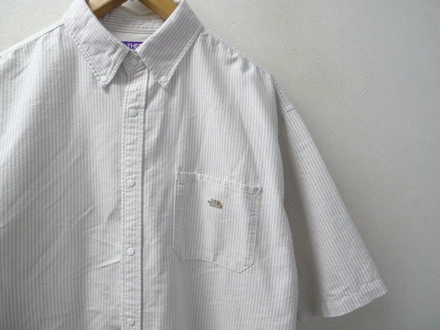 ◆ ノースフェイス パープルレーベル Stripe OX Big H/S Shirt NT3011N ストライプ スナップボタン 半袖 シャツ ベージュ サイズL NT3011N