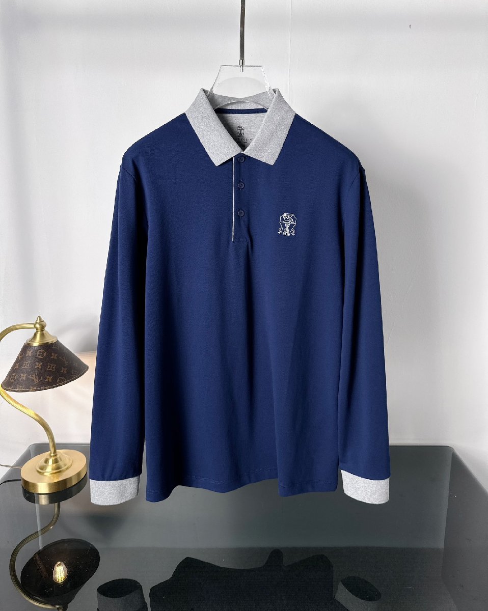 ブルネロ クチネリ メンズポロシャツ　長袖　Tシャツ　カジュアル　秋冬　刺繍ロゴ　SLIM FIT 無地 吸湿性　ブルー　54サイズ