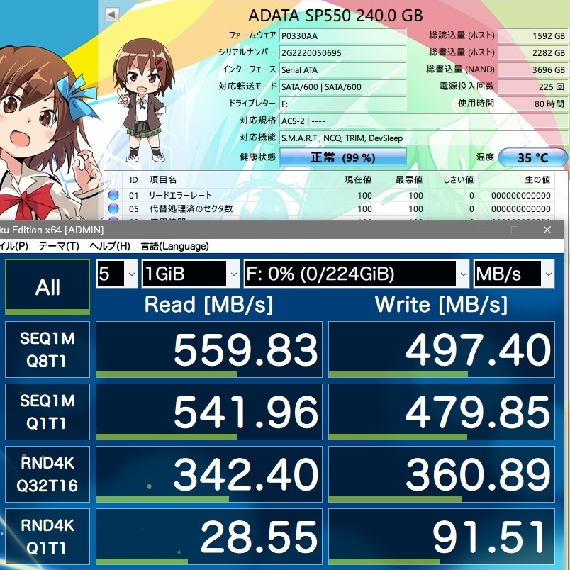 【中古】ADATA SP550シリーズ240GB ASP550SS-240GM [SATA 2.5インチ 7mm厚 TLC]