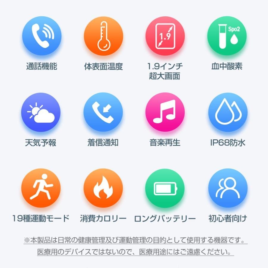 スマートウォッチ 通話機能 日本製センサー 血圧測定 体温監視 1.9大画面 血中酸素 iPhone Android対応　（本体のベルトのみ付き）_画像3
