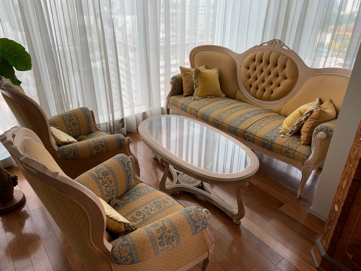 アンティーク家具 イギリス フランス ソファ チェア テーブル セット 椅子 ヴィンテージ 黄色 長椅子 ティーサロン 西洋家具 ディスプレイ