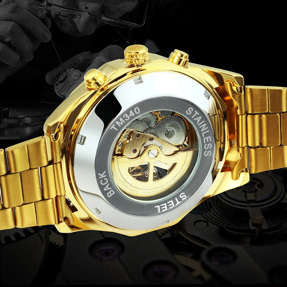 メンズ 腕時計 スカル スケルトン 機械式 自動巻き ガイコツ デザイン 時計 髑髏 ウォッチ ステンレススチール ゴールド B ゴールド_画像7