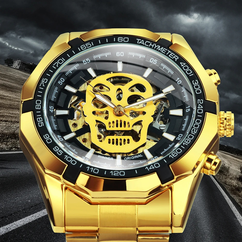 メンズ 腕時計 スカル スケルトン 機械式 自動巻き ガイコツ デザイン 時計 髑髏 ウォッチ ステンレススチール ゴールド B ゴールド_画像5