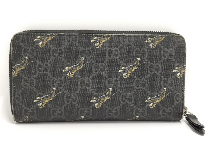 【中古】GUCCI GGスプリーム タイガープリント ラウンドファスナー長財布 PVCコーティング ブラック_画像3