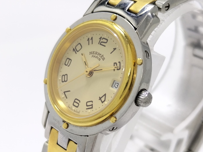 【中古】HERMES レディース 腕時計 クリッパー コンビ クオーツ SS GP アイボリー文字盤 CL4.220_画像3