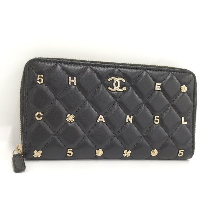 【中古】CHANEL マトラッセ ラウンドファスナー 長財布 レザー ブラック