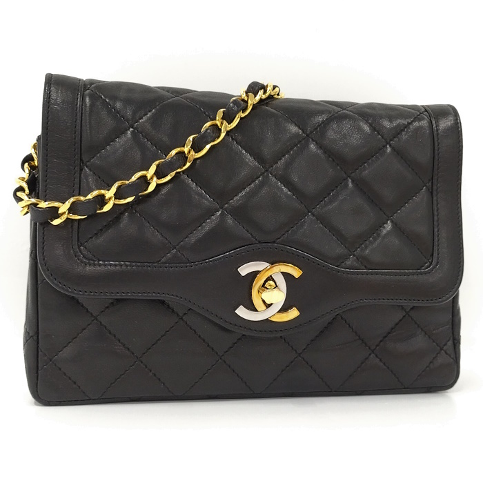 【中古】CHANEL チェーンショルダーバッグ ラムスキン レザー ブラック 1番台