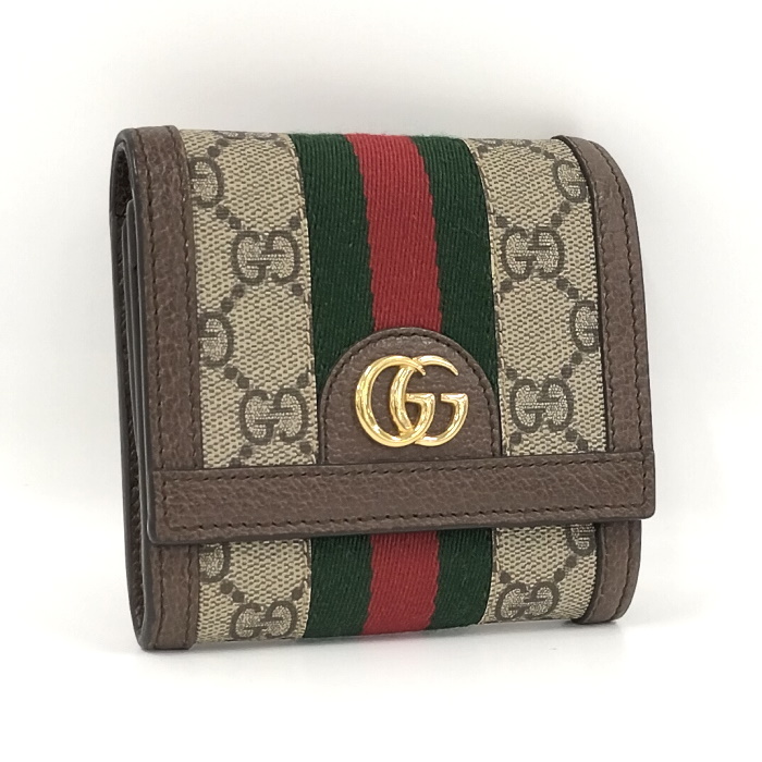 【中古】GUCCI 二つ折り財布 オフィディア GG ロゴ スプリーム シェリーライン PVC レザー ベージュ ブラウン 598662_画像1