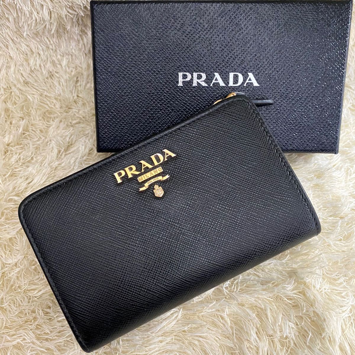 美品 プラダ PRADA サフィアーノ 二つ折り ゴールド金具 財布 NERO