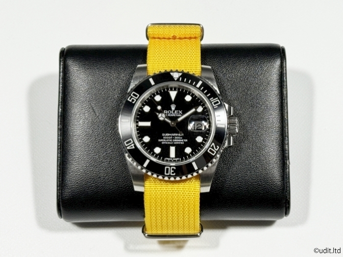 ラグ幅：20mm リブ編み 高品質 NATOストラップ カラー：イエロー 腕時計ベルト ナイロン バンド ファブリック rib_お取り付けのイメージ写真です。