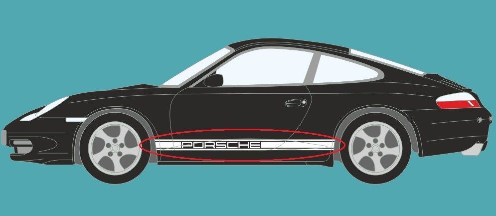 ルマン公式メーカー製 PORSCHE_ロゴ サイドストライプ デカール 白 左右セット ポルシェ 911 ボクスター ケイマン ドアサイド ステッカー_デカールの貼り付け例です
