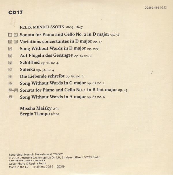 [CD/Dg]メンデルスゾーン:チェロ・ソナタ第1番変ロ長調Op.45&チェロ・ソナタ第2番ニ長調Op.58他/M.マイスキー(vc)&S.ティエンポ(p) 2002.2_画像2