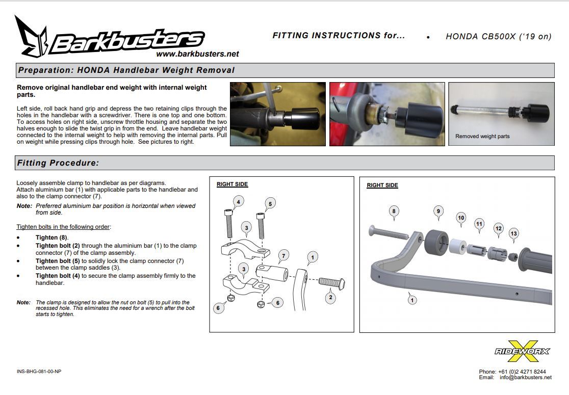 バークバスターズ ハンドガード(BHG-081) HONDA 400X, CB500X('19~) 熱間鍛造強化アルミニウム製バックボーン & プラスティックガード _BHG-081 取付マニュアル