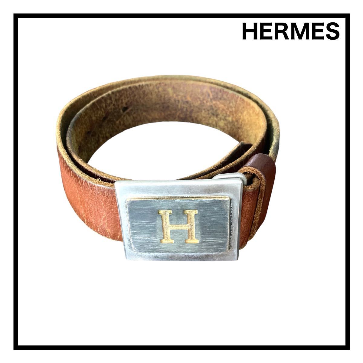 HERMES】 エルメス レザーベルト メンズ デカロゴ 本革 ブラウン