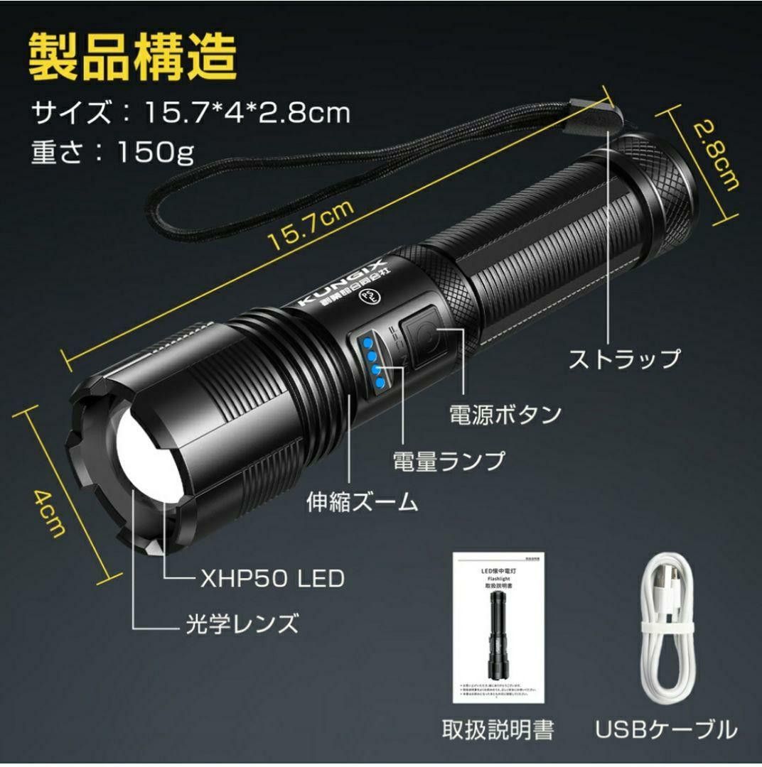 懐中電灯 led USB充電式 ハンディライト 超高輝度 キャンプ用品
