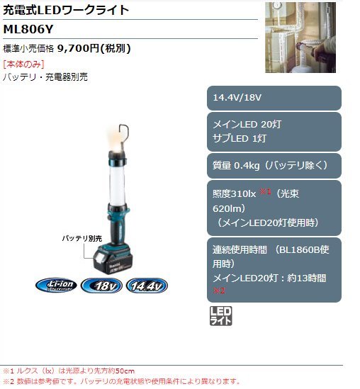 マキタ 14.4V/18V 充電式LEDワークライト ML806Y (本体のみ)■安心のマキタ純正/新品/未使用■_画像1