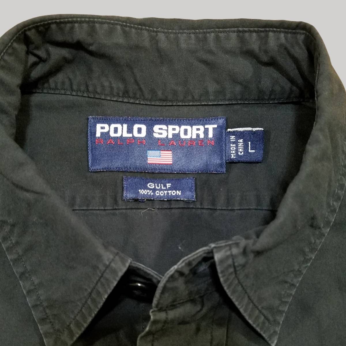 【レア　クリーニング済】　POLO SPORT　ポロスポーツ　ラルフローレン　ocean challenge Gulf　長袖シャツ　星条旗　ビンテージ　黒　90S