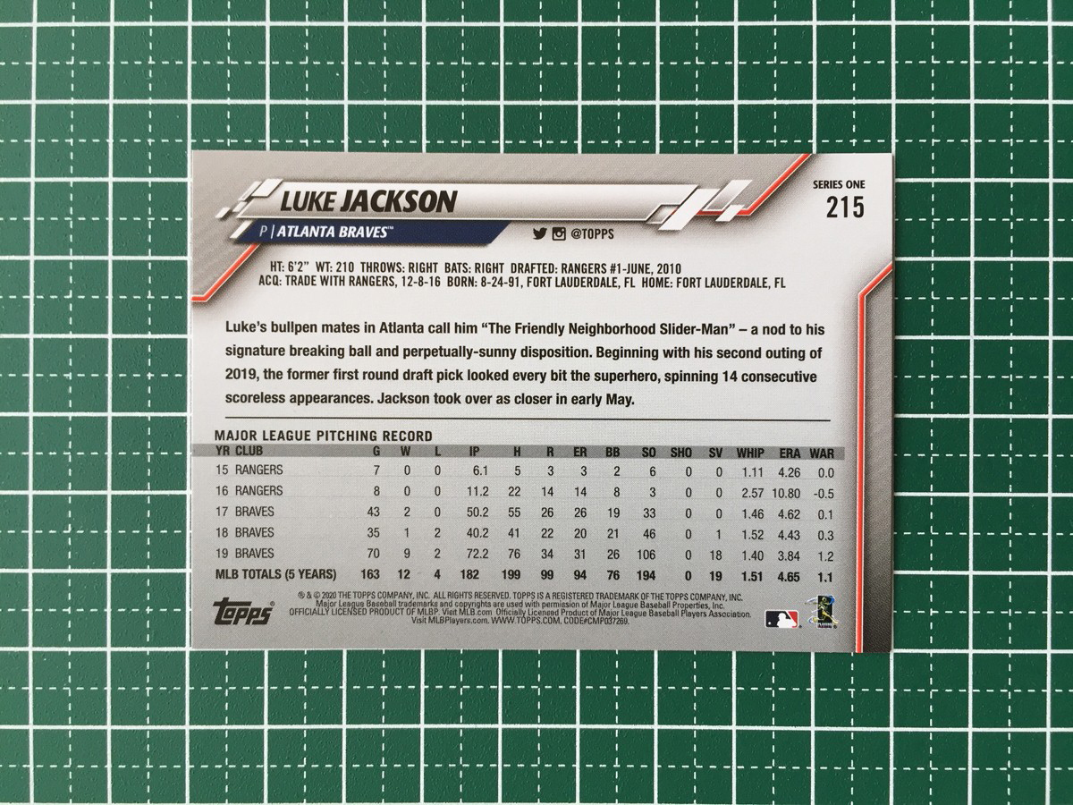 ★TOPPS MLB 2020 SERIES 1 #215 LUKE JACKSON［ATLANTA BRAVES］ベースカード 20★_画像2