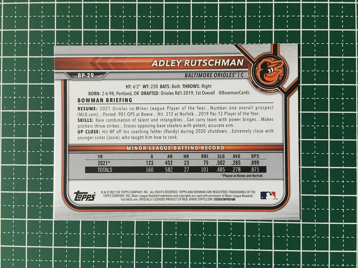 ★TOPPS MLB 2022 BOWMAN #BP-29 ADLEY RUTSCHMAN［BALTIMORE ORIOLES］ベースカード「PAPER PROSPECTS」★の画像2