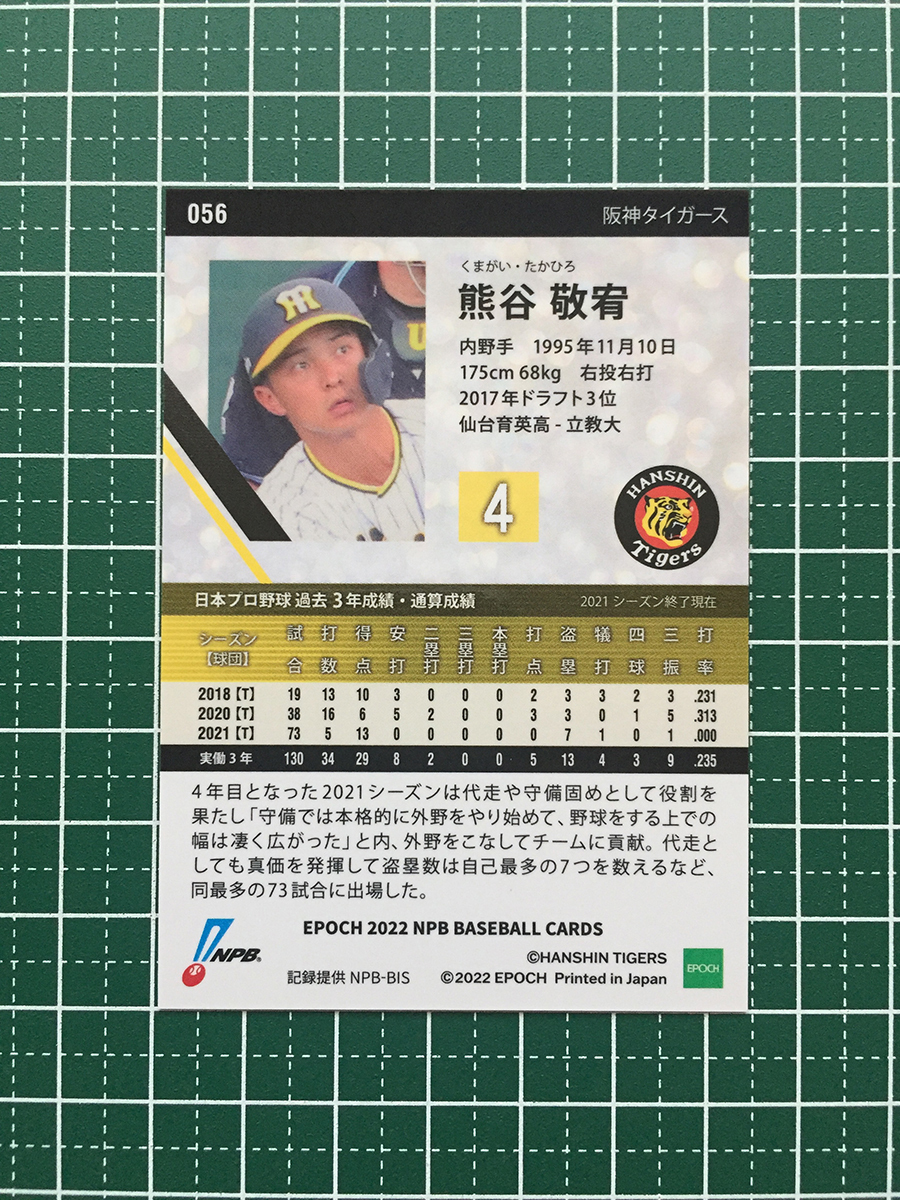 ★EPOCH 2022 NPB プロ野球カード #056 熊谷敬宥［阪神タイガース］レギュラーカード★_画像2