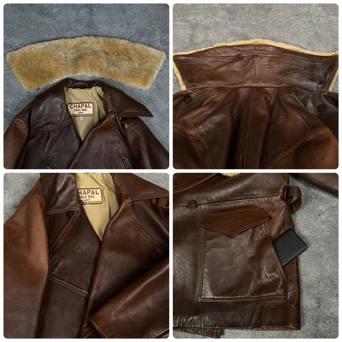 CHAPAL VESTE1914 羊革 レザー パイロット ジャケット シャパル フランス製 ビンテージ レザージャケット 革ジャン 革 ダブルブレスト_画像9