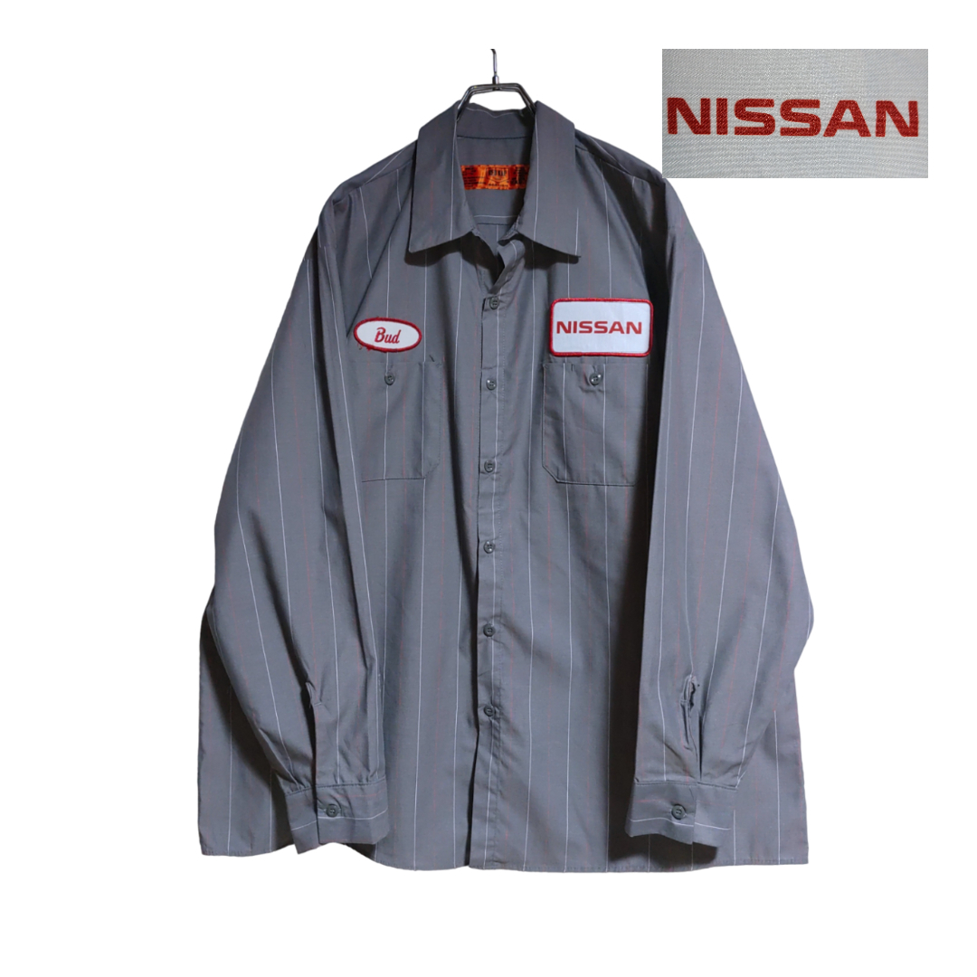 RED KAP 長袖ワークシャツ size 2XL オーバーサイズ グレー ゆうパケットポスト可 胸 ワッペン NISSAN 企業モノ 古着 洗濯 プレス済 964_画像1