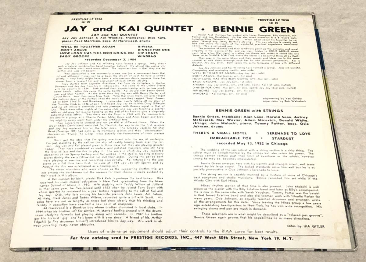 ●稀少Mono両面NYCオリジKai And Jay, Bennie Green / With Strings●J.J.Johnson Kai Winding,Dick Katz,John Malachi,Osie Johnson_薄い焼けシミとスタンプ、シール痕有ります