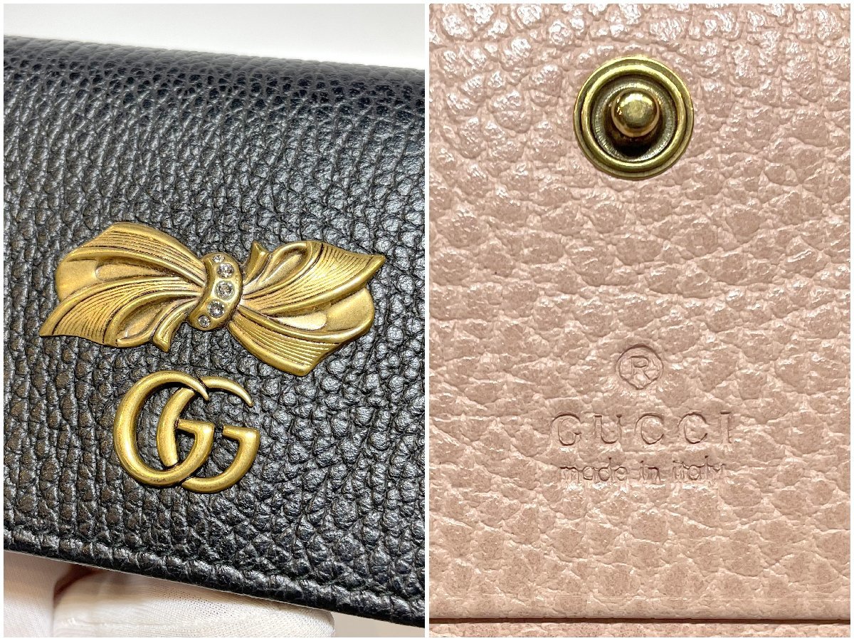 極美品 GUCCI GGマーモント リボン レザー 二つ折り財布ト ブラック 523289 小銭入れ有り コンパクトウォレット レディース 質屋の質セブン_画像6