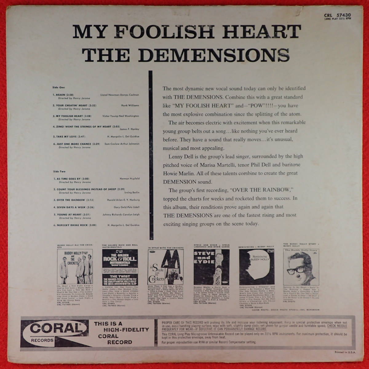 1円開始★神洗浄【超メガレア★US完オリ CORAL MONO FLAT】★THE DENMENSIONS/MY FOOLISH HEART★歌姫Marisa Martelli美声/絶品コ-ラス名盤_画像2