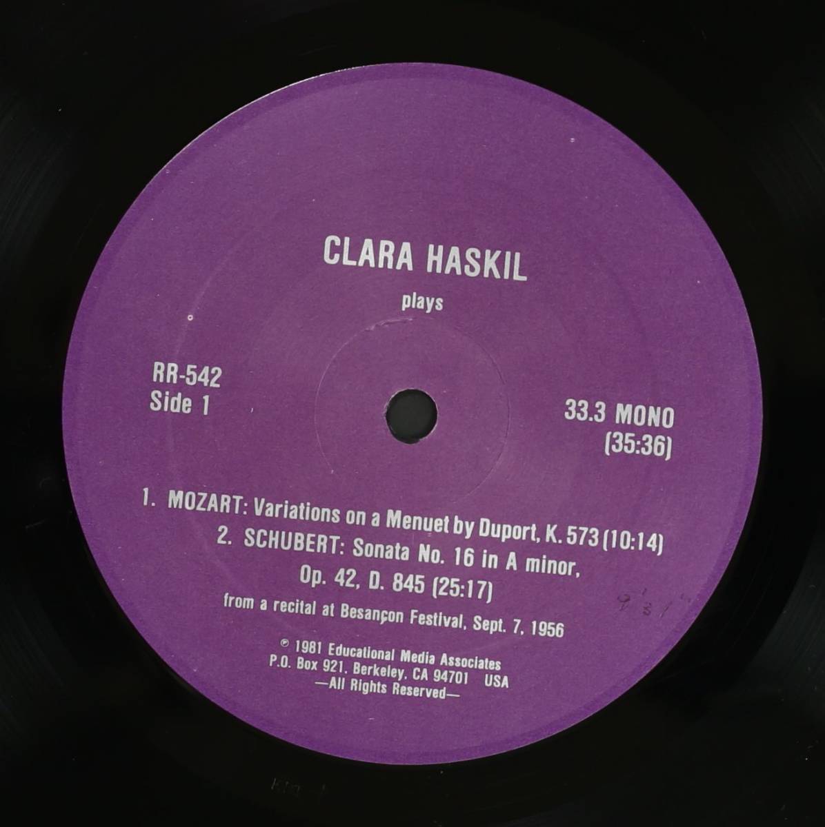 【US盤LP】クララ・ハスキル/In Recital,1956(並良品,Kmプレス,Clara Haskil,1956,ブザンソン国際音楽祭_画像3