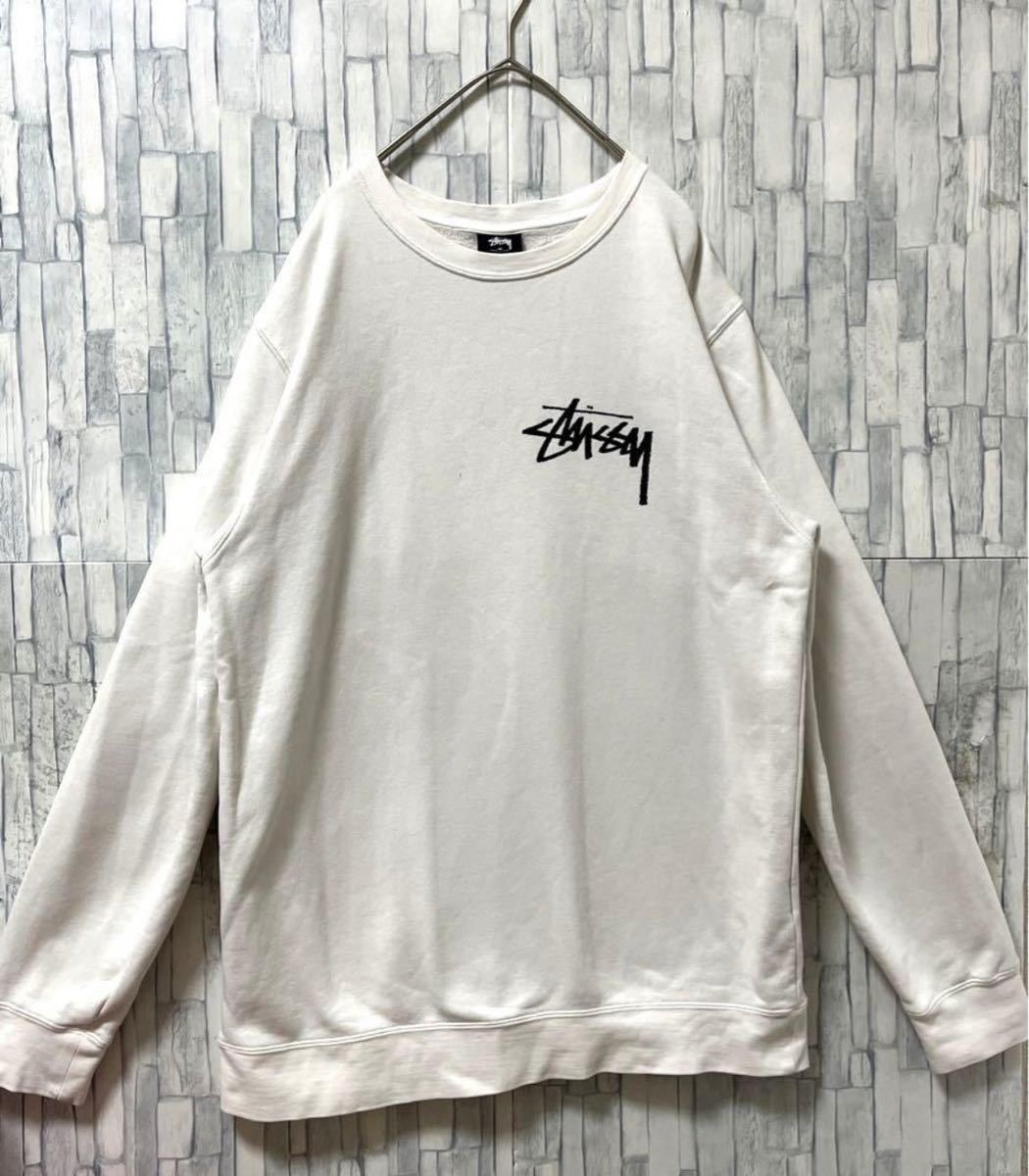 stussy ステューシー 長袖 トレーナー スウェット プルオーバー デカロゴ ビッグロゴ サイズM ホワイト 裏起毛 送料無料