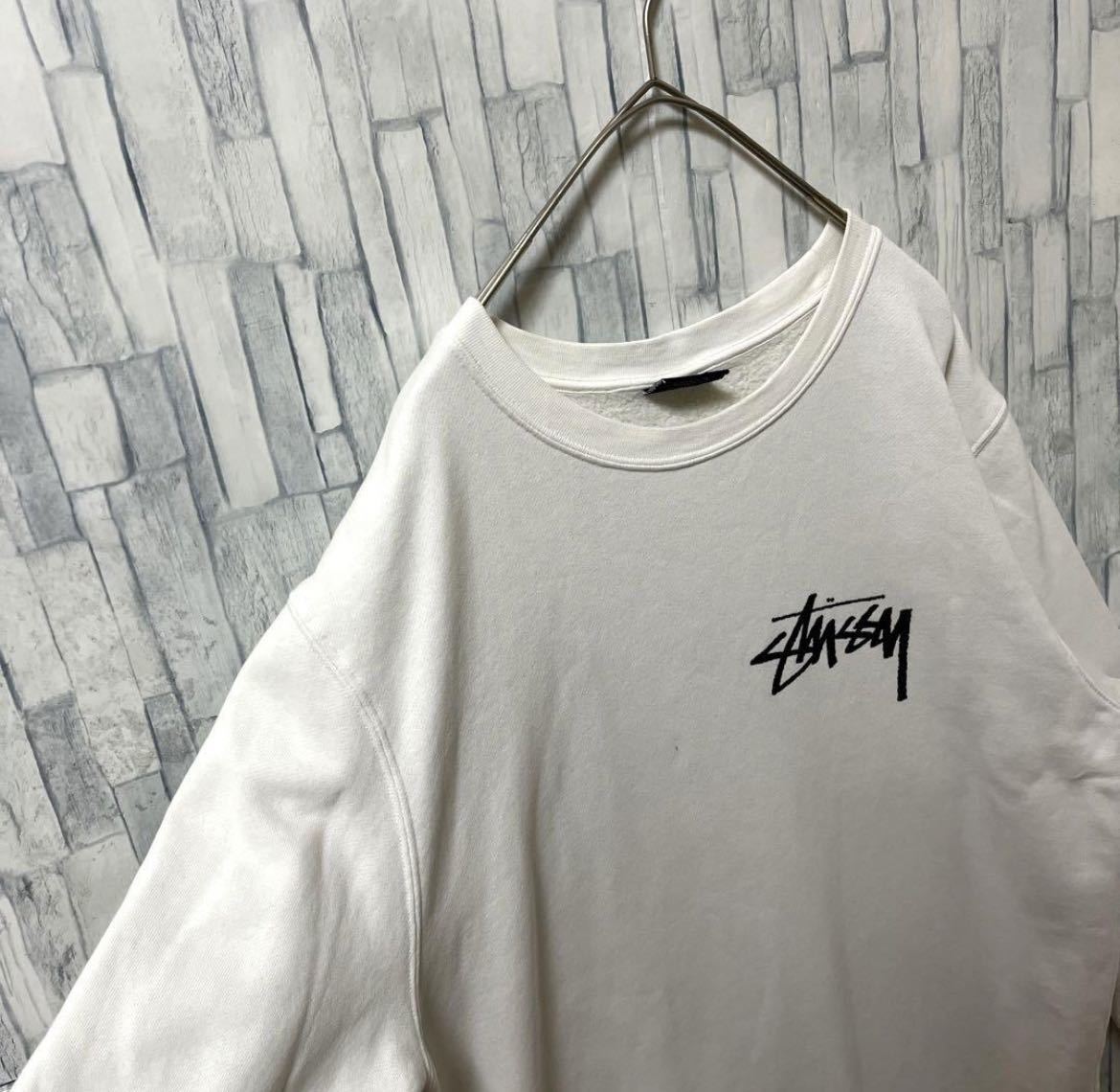 stussy ステューシー 長袖 トレーナー スウェット プルオーバー デカロゴ ビッグロゴ サイズM ホワイト 裏起毛 送料無料