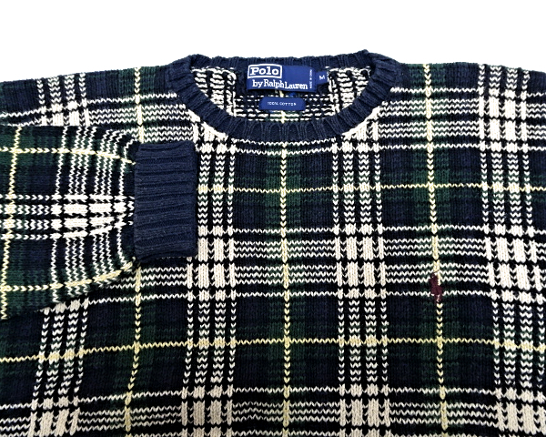 M【Polo by Ralph Lauren Check Cotton Knit NAVY/GREEN/生成り ポロ バイ ラルフローレン チェック コットン ニット コットンセーター】_画像4