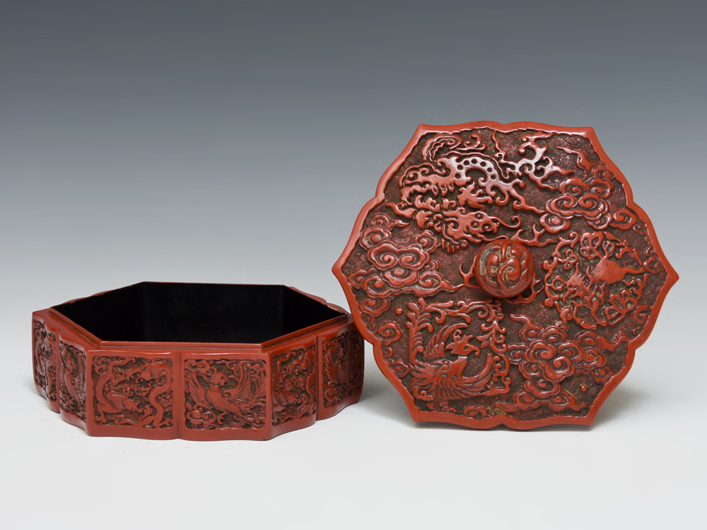 魅力的な 龍鳳凰麒麟図 堆朱 中国美術 六陵鉢 彫漆 z5932t 古玩 唐物