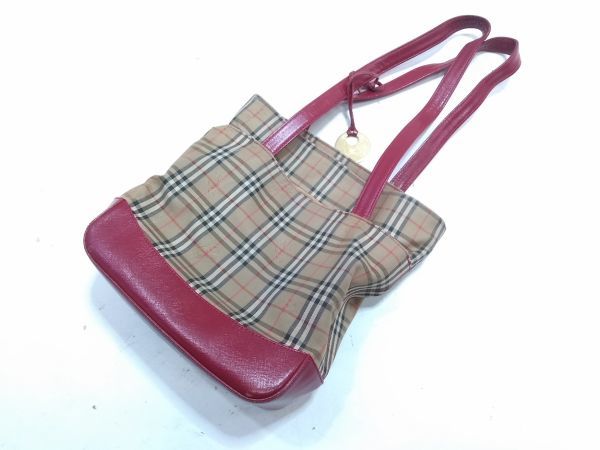 ◇BURBERRY バーバリー チェック ノバトートバッグ キャンバス/レザー レディース ベージュ/レッド 1127B6F @60 ◇_画像3