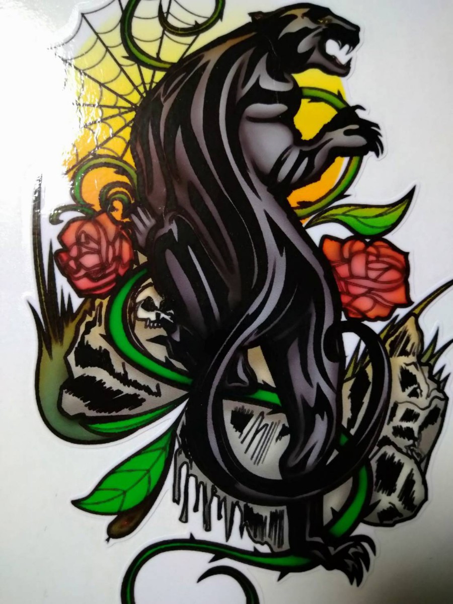 黒豹　薔薇　タトゥーデザイン　アート　ネコ科　生き物　動物　ステッカー　転写シール