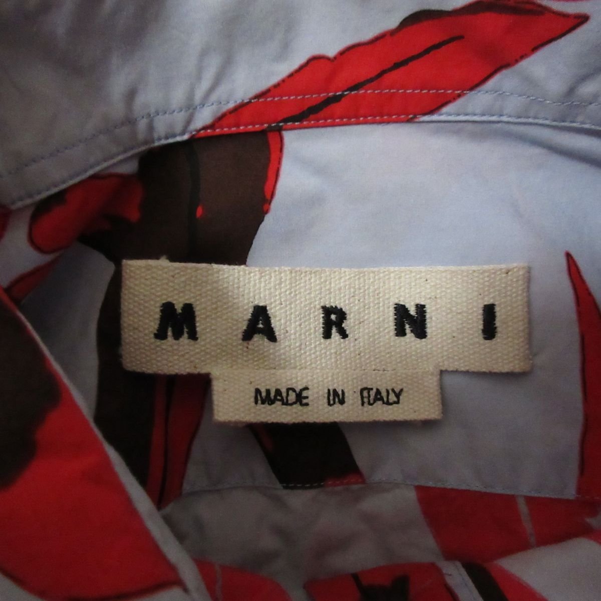 美品 MARNI マルニ リーフ柄 長袖 シャツ メンズ 44 ライトブルー×レッドの画像3