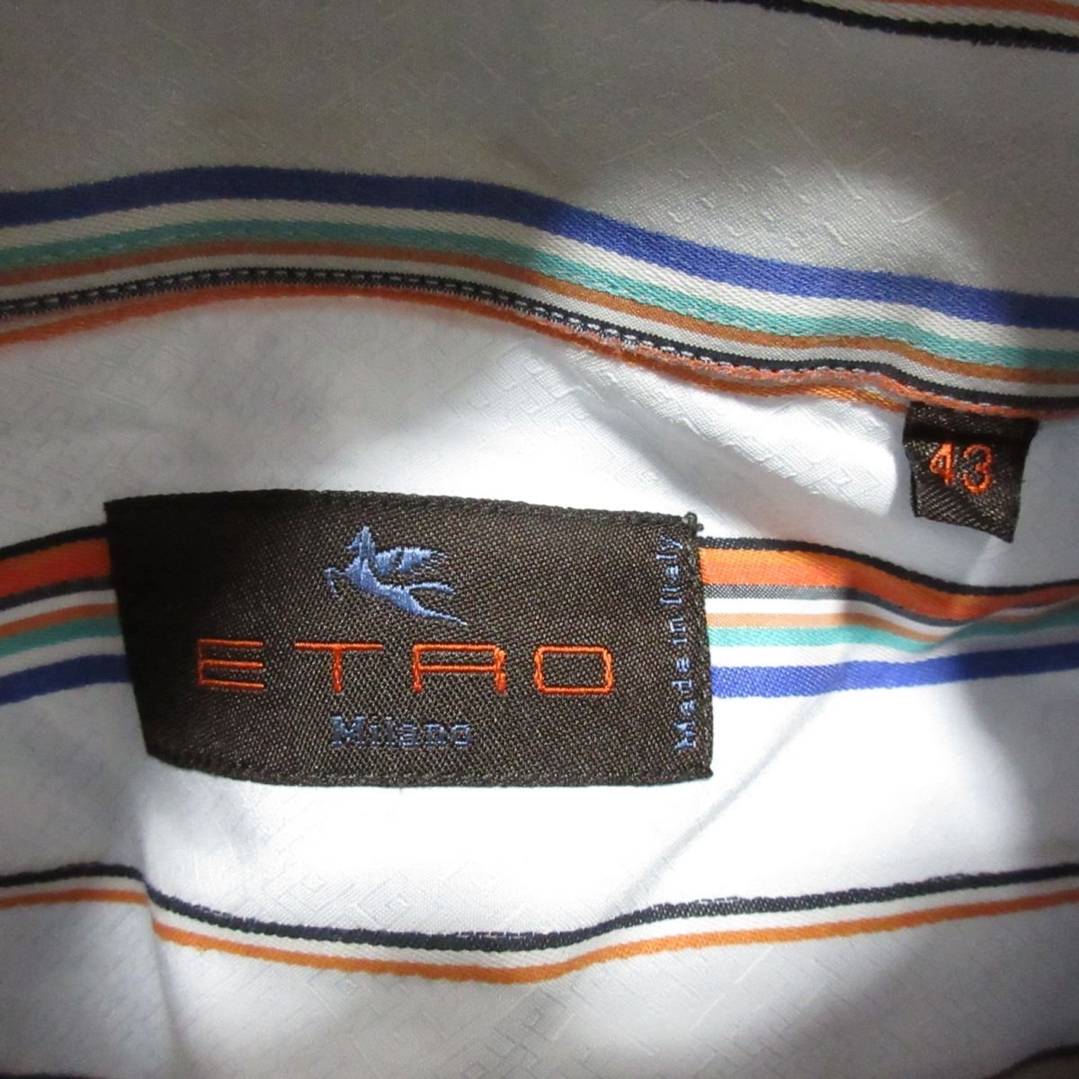 美品 ETRO エトロ ストライプ柄 長袖 ホリゾンタルカラー ワイシャツ 43 ライトブルー 113の画像4