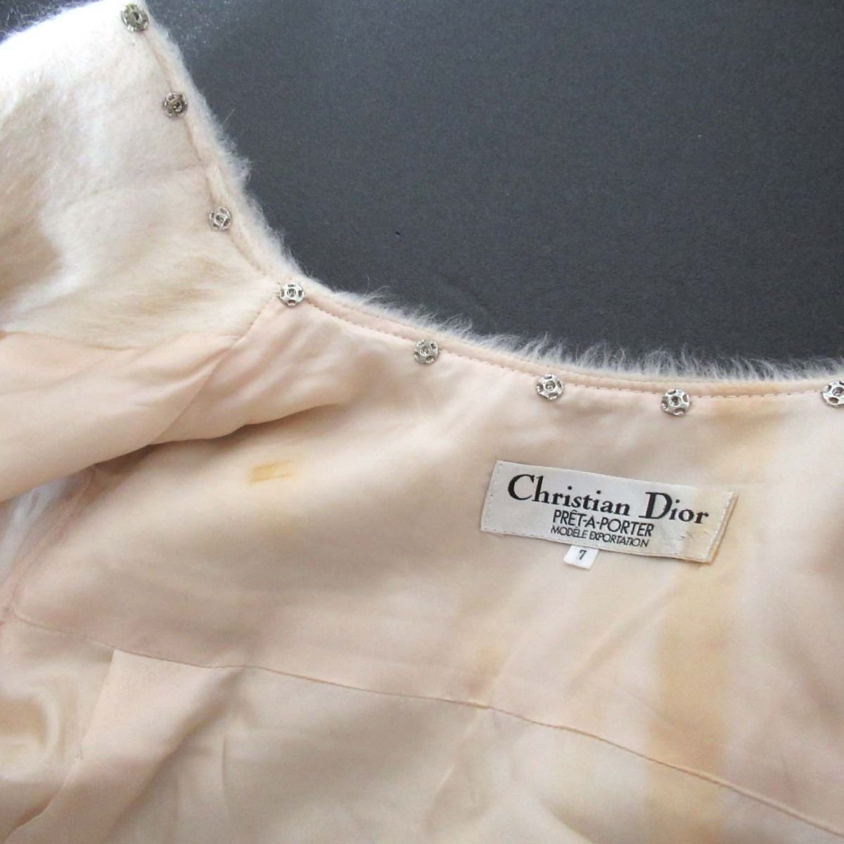 良品 Christian Dior クリスチャンディオール プレタポルテ ヴィンテージ 袖ベルト 比翼 ノーカラーシャギーコート 7サイズ オフホワイト_画像6
