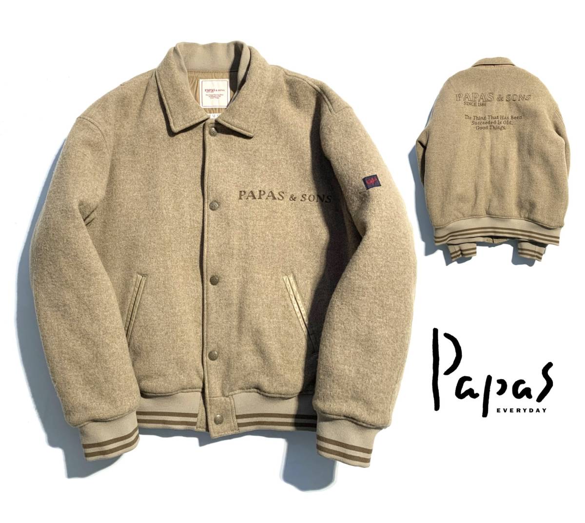 定価7.7万【LL(52)】Papas パパス カシミヤ スタジャン LL (52) メンズ アワードジャケット ロゴワッペン 刺繍 ウールメルトン 日本製 牛革_画像1