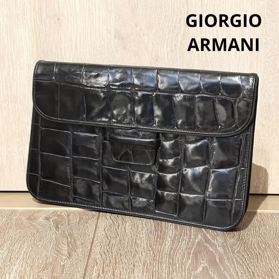 ジョルジオアルマーニ　クロコ型押し　パテントレザー　クラッチバッグ　黒　ブラック