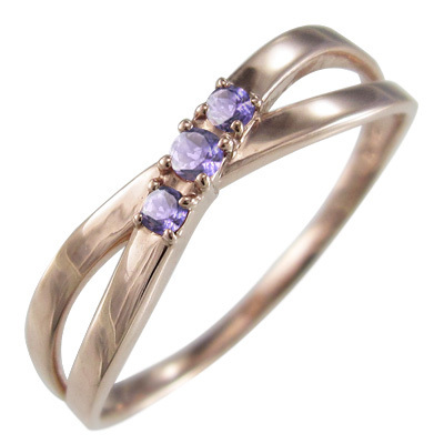 指輪 アメジスト(紫水晶) デザイン クロス 3石 ピンクゴールドk10 2月誕生石 X型