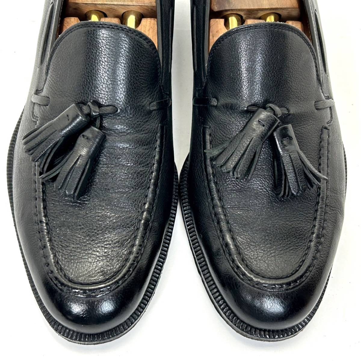 即決 イタリア製 Salvatore Ferragamo フェラガモ メンズ 6.5 2E 24.5cm程度 本革 レザー タッセルローファー 黒  ブラック 高級 革靴 中古