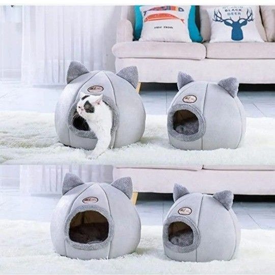 猫ベッド ペット用寝袋 キャットハウス ドーム型 暖かい ふわふわ 寒さ対策 ペット 猫 クッション 隠れ家