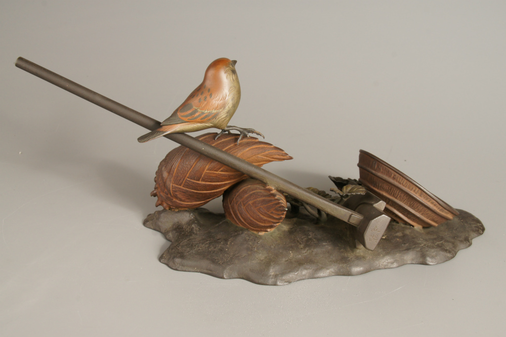 古董收藏品★280作者的黃銅支架銅製竹子竹子慢跑棒鼓舞人心的神器藝術品    原文:骨董収集品★その280　作家物　真鍮台　銅製置物　筍　鍬　雀　在銘品　彫金細工　オブジェ